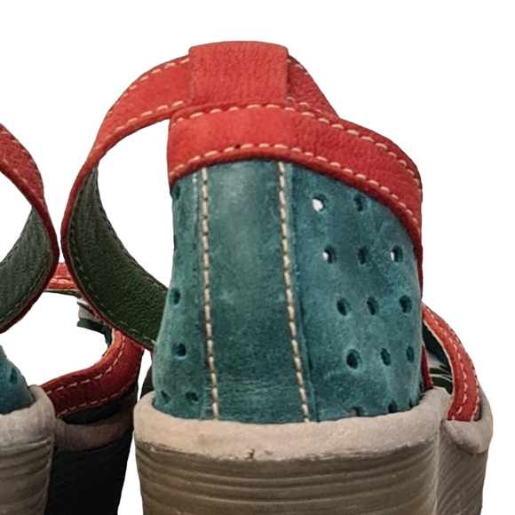 Fly London Ydel Sandals Petrol Red Perforated Leather Wedge Heel UK 4 Size 37 - Picture 7 of 14